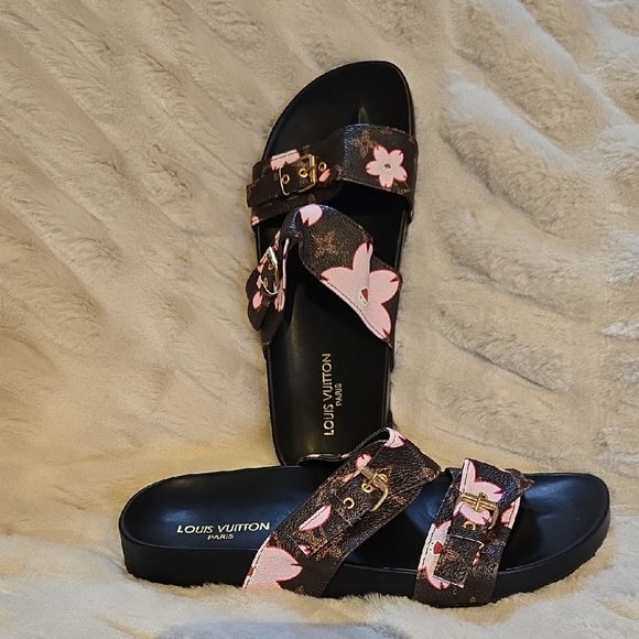 L V Shoes - L V Inspired Pink Brown Cherry Blossom Women's Sandals Sz 7